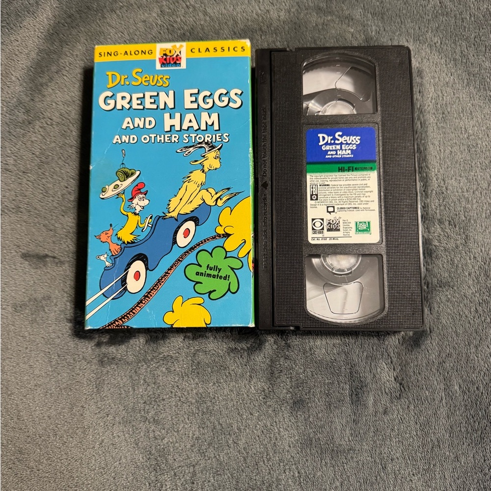 Dr. Seuss Green Eggs and Ham VHS with Bright Blue Sleeve and Black Cassette